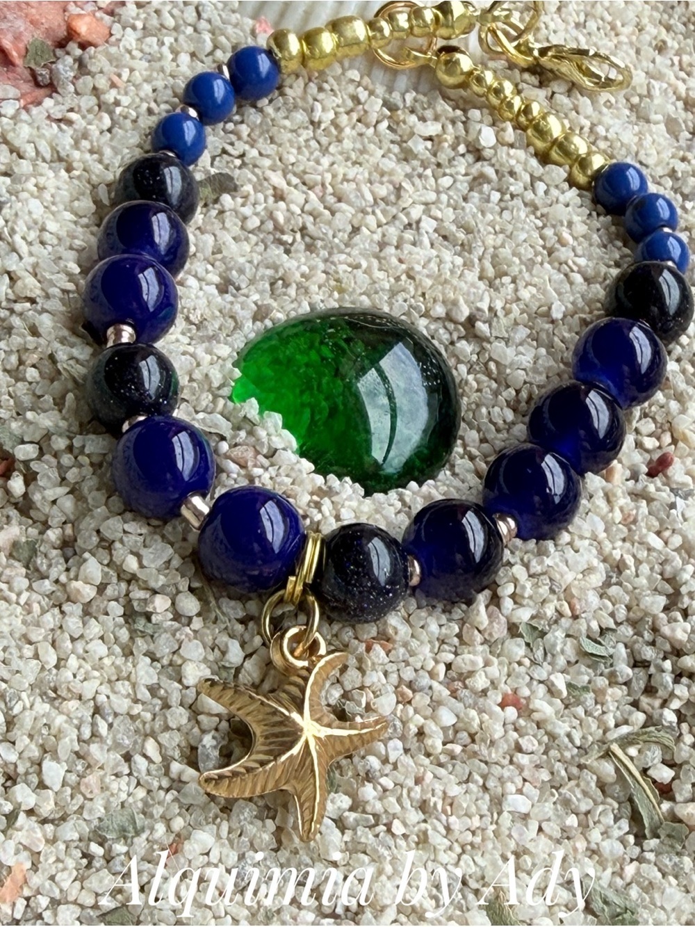 Sandstone Deep Blue Beaded Bracelet with Gold Starfish Charm
